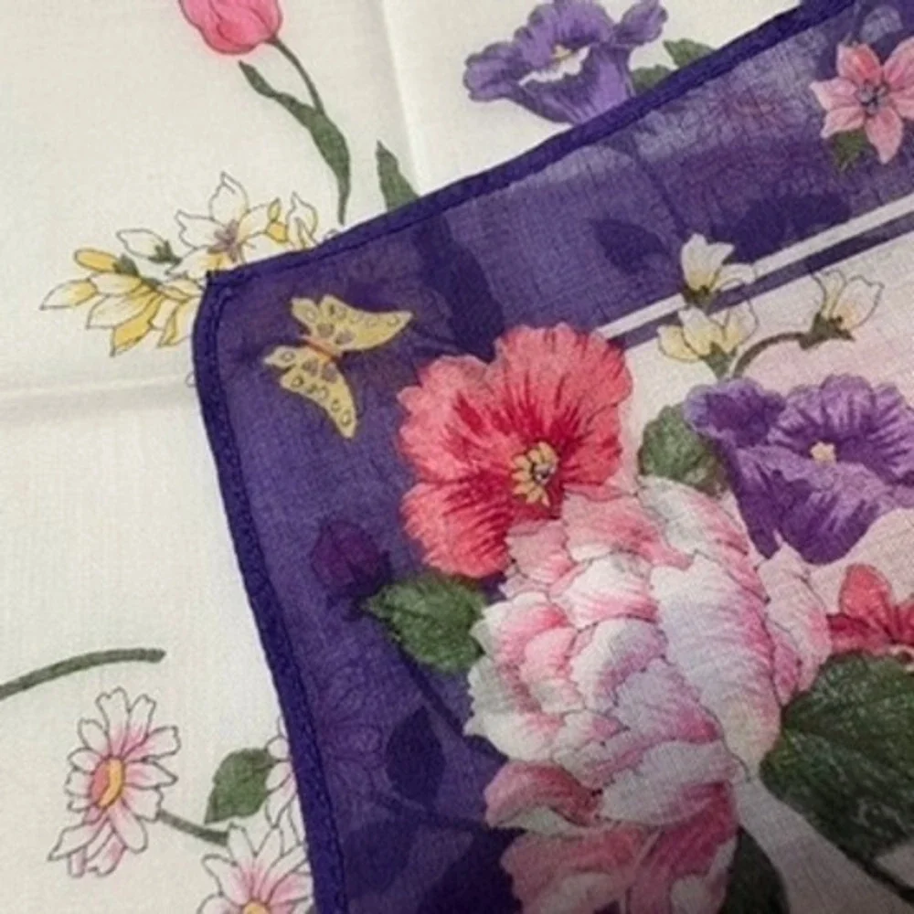 Vtg PAOLO GUCCI Scarf Handkerchief Floral Butterfly White Purple 16.5
